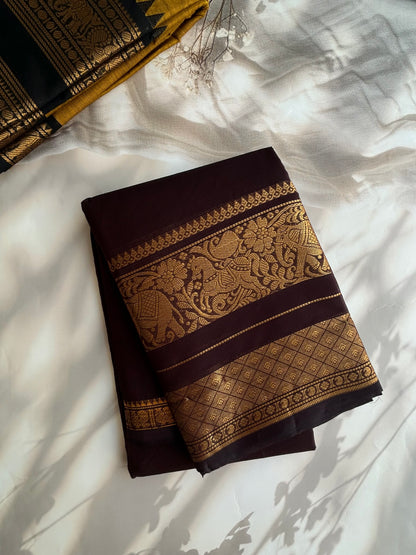 Kanchi cotton saree rettapet border - Coffee brown