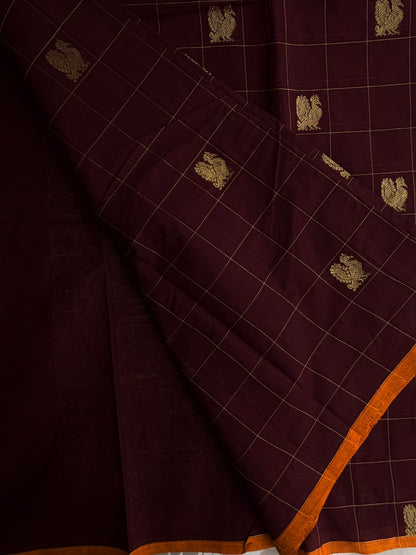 Kanchi cotton with zari weaves and grand pallu - brown with mustard border