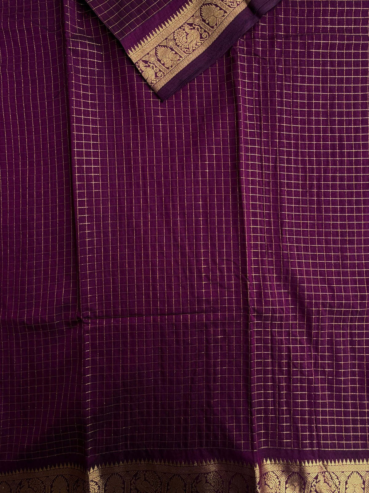 120 mercerised Kanchi cotton with checks & grand pallu - purple