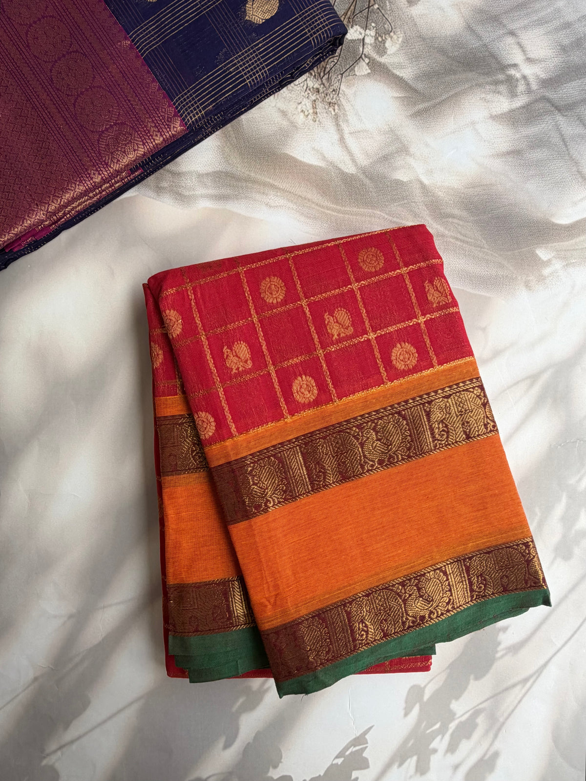 Kanchi cotton saree in checks & butta weaves & grand pallu