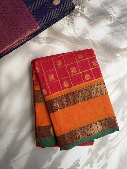 Kanchi cotton saree in checks & butta weaves & grand pallu