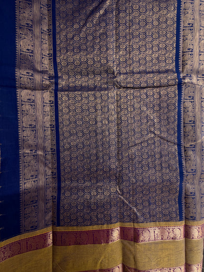 Kanchi cotton saree in 1000 buttas & zari check weaves with grand pallu blue