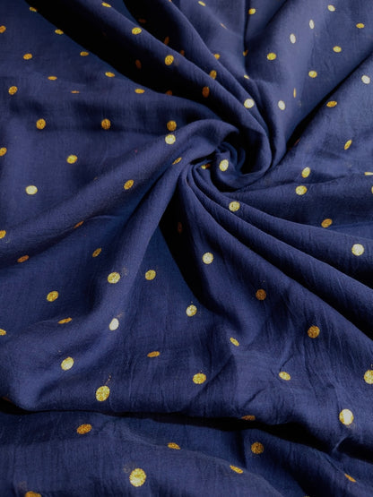 Blue Mul mul saree in golden polka dots