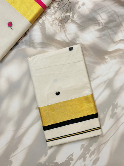 Kasavu saree in mango butta embroidery - black