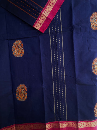 Kanchi cotton saree with motif weaves blue with pink border