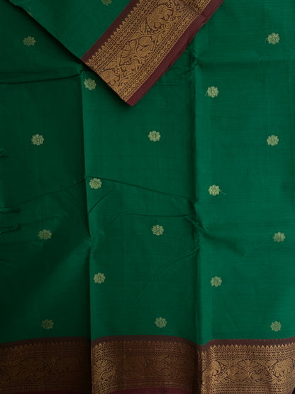 Kanchi cotton saree with zari butta weaves & zari pallu green