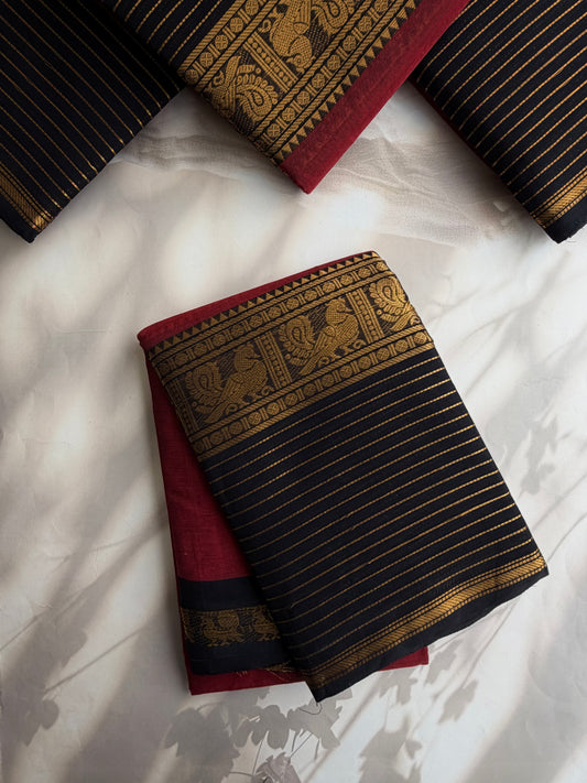Kanchi cotton saree with zari lines border maroon with black border