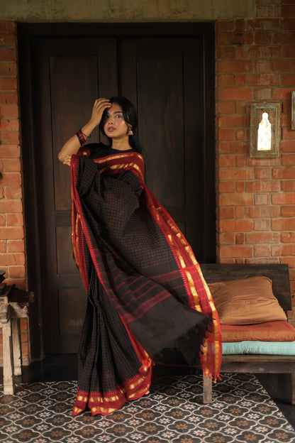 Kanchi cotton saree with korvai border black & maroon