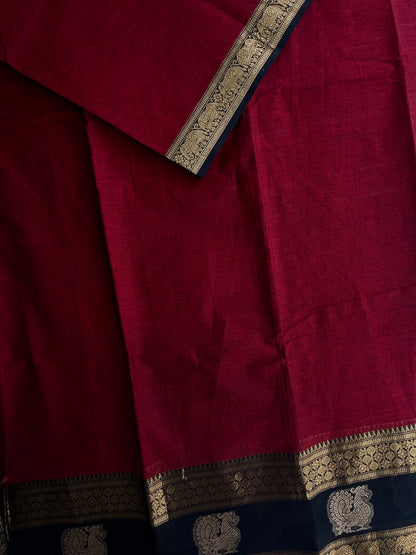 Kanchi cotton saree with zari weaves - maroon with black border
