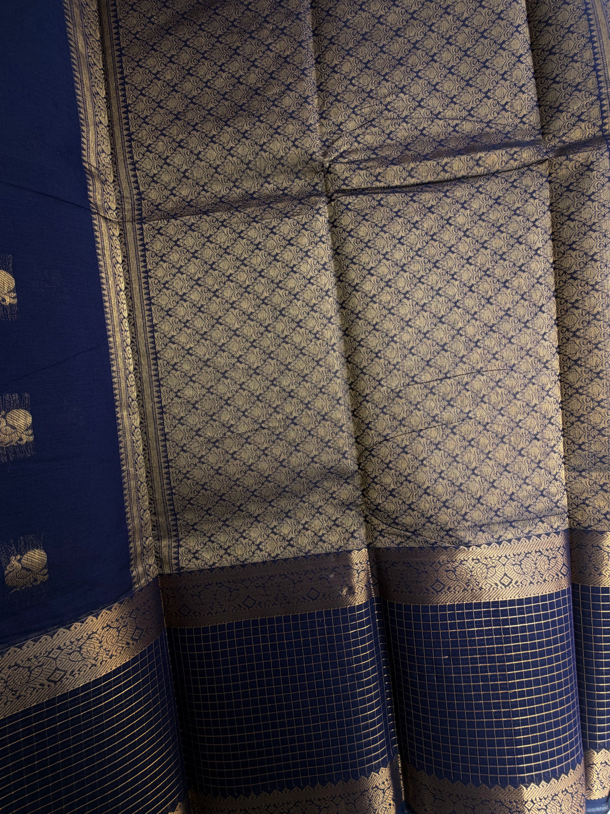Kanchi cotton with zari butta weaves with kattam border and grand pallu blue