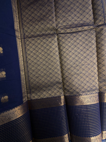 Kanchi cotton with zari butta weaves with kattam border and grand pallu blue