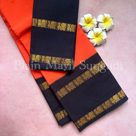 Sungudi Cotton saree with contrast border orange with black border