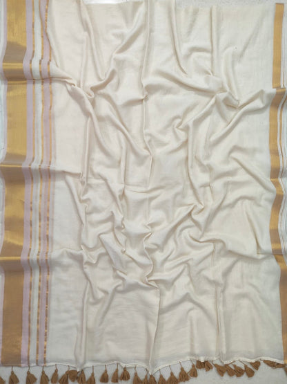 Off white Mul mul saree with zari borders