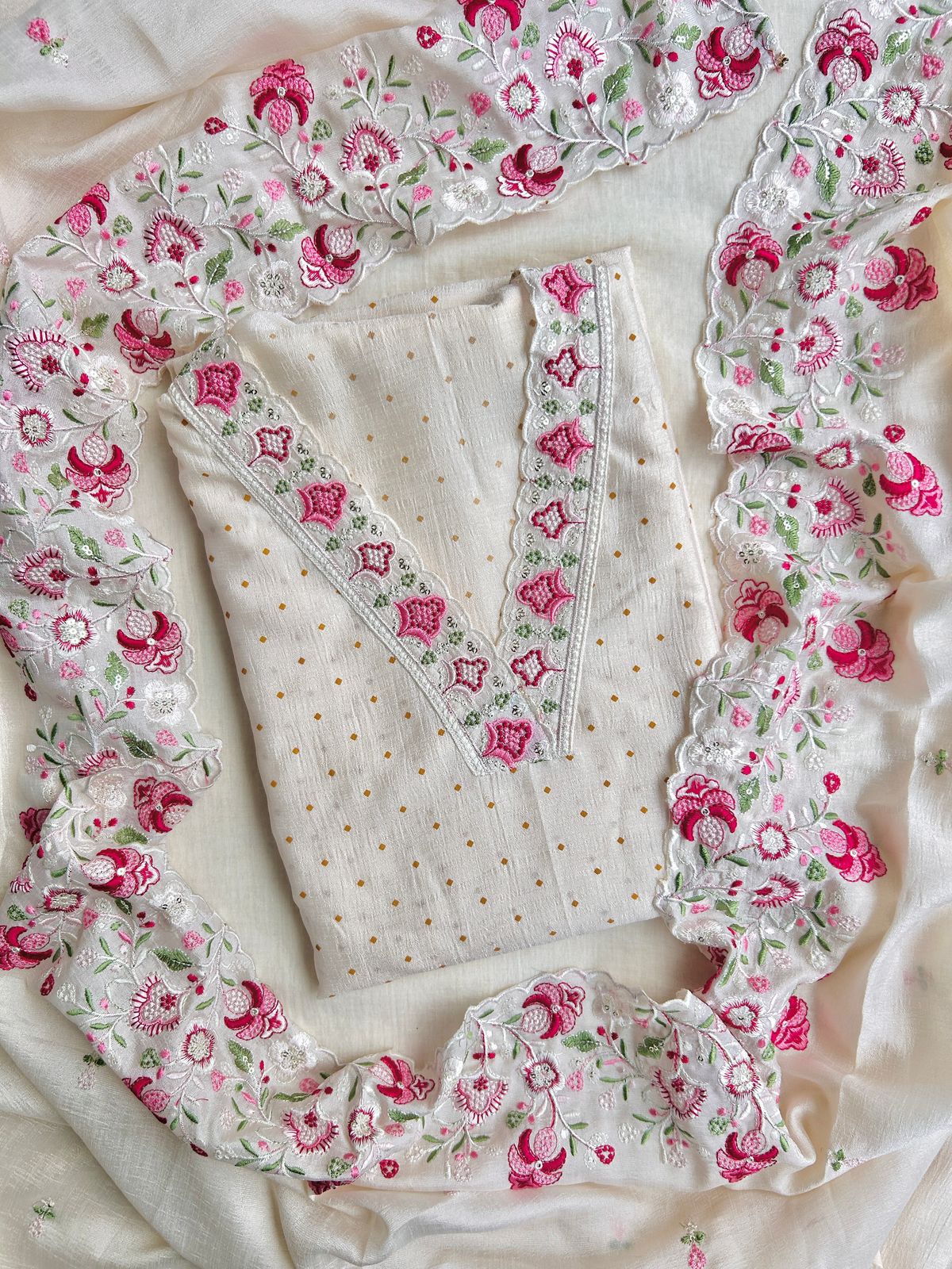 Vichitra silk embroidered dress material set