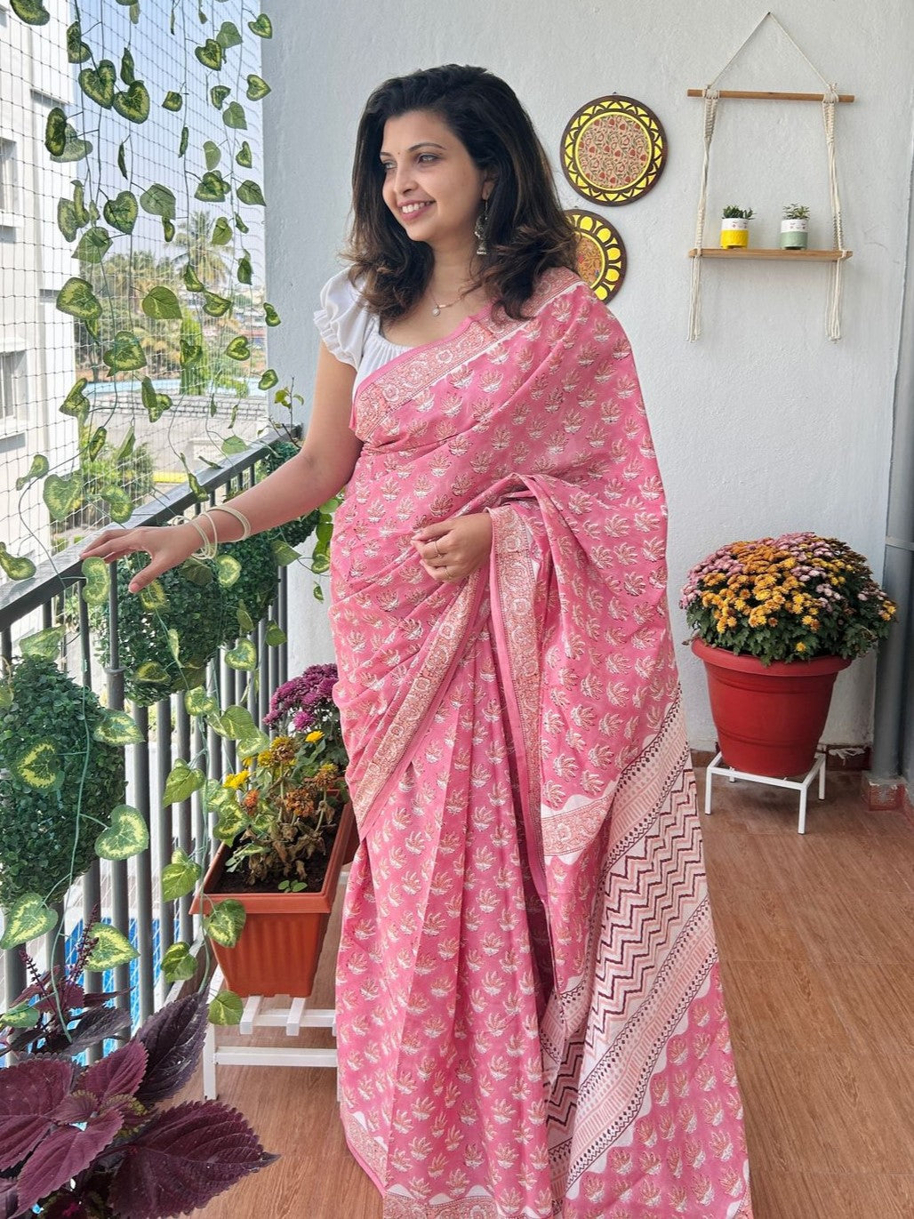 Hand block printed mul mul saree