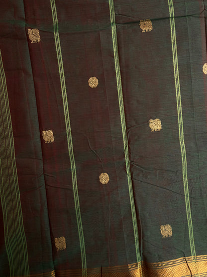 Kanchi cotton saree with annam zari weaves - dual toned green