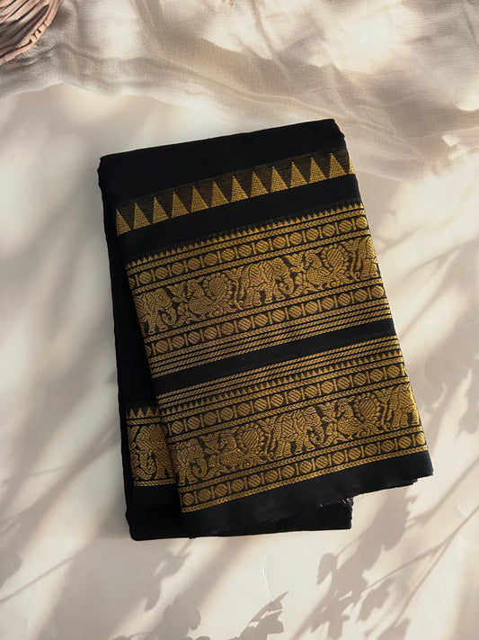 Kanchi cotton saree with rettapett border- black