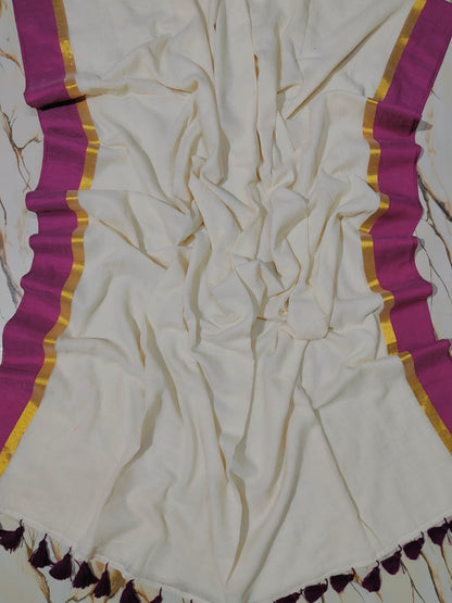 Off white Mul mul saree with zari borders