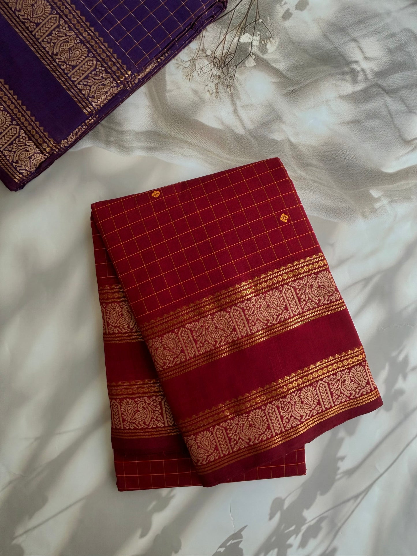 Kanchi cotton saree in checks & butta weaves
