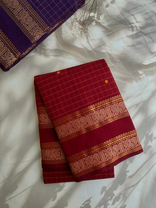 Kanchi cotton saree in checks & butta weaves