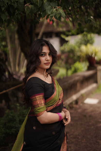 Black Kanchi cotton with annam zari butta weaves & grand pallu