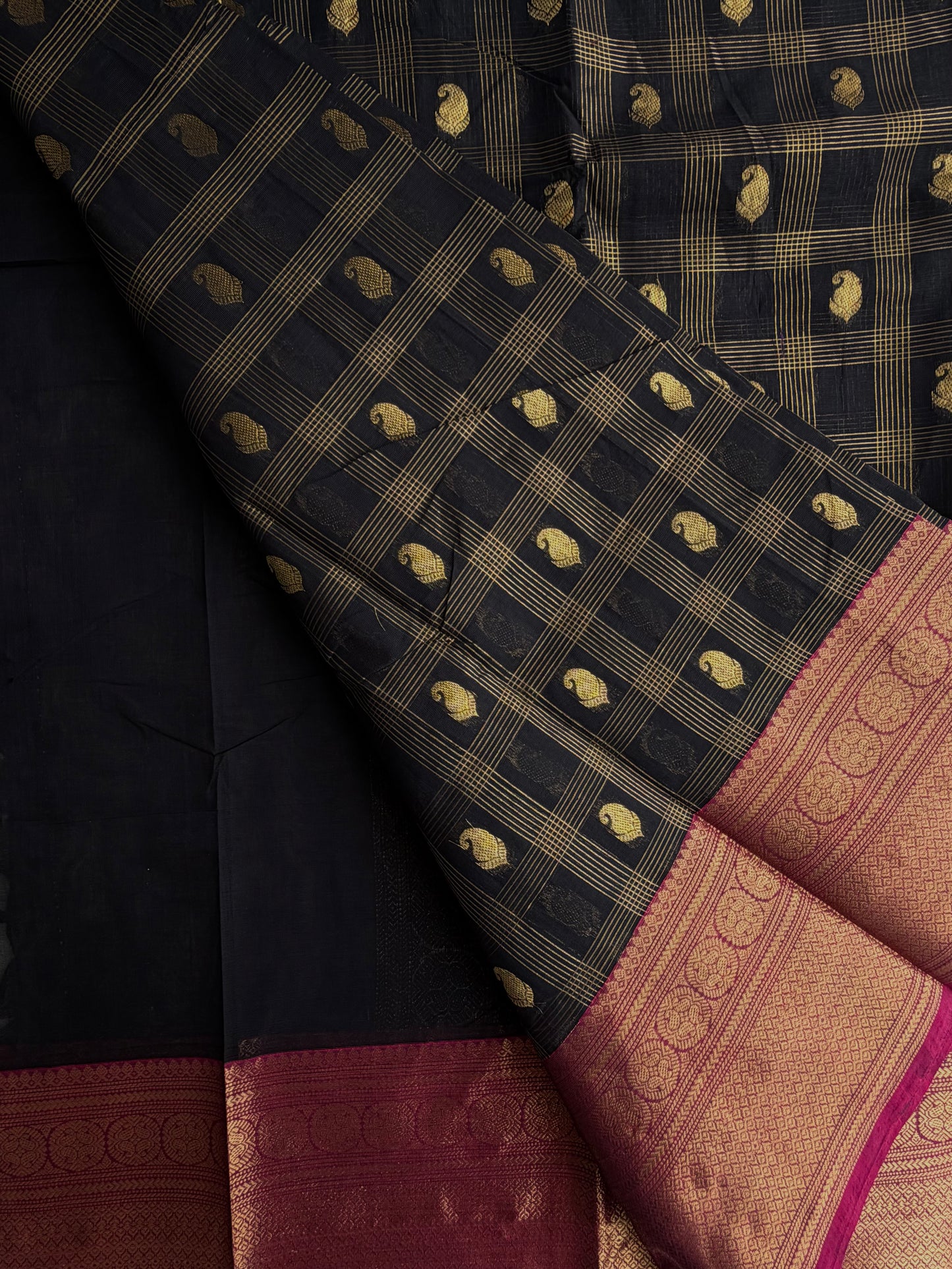Kanchi cotton saree in checks & butta weaves with grand pallu black with pink border