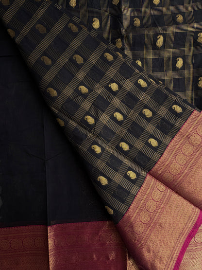 Kanchi cotton saree in checks & butta weaves with grand pallu black with pink border