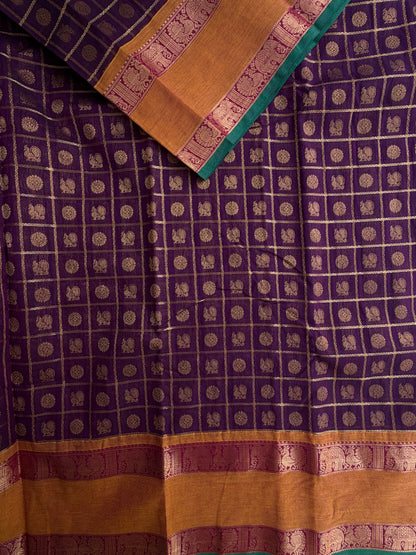 Kanchi cotton saree with 1000 butta & zari check weaves with grand pallu purple