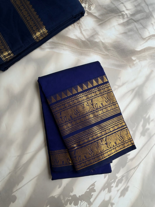 Kanchi cotton saree with rettapett border - blue