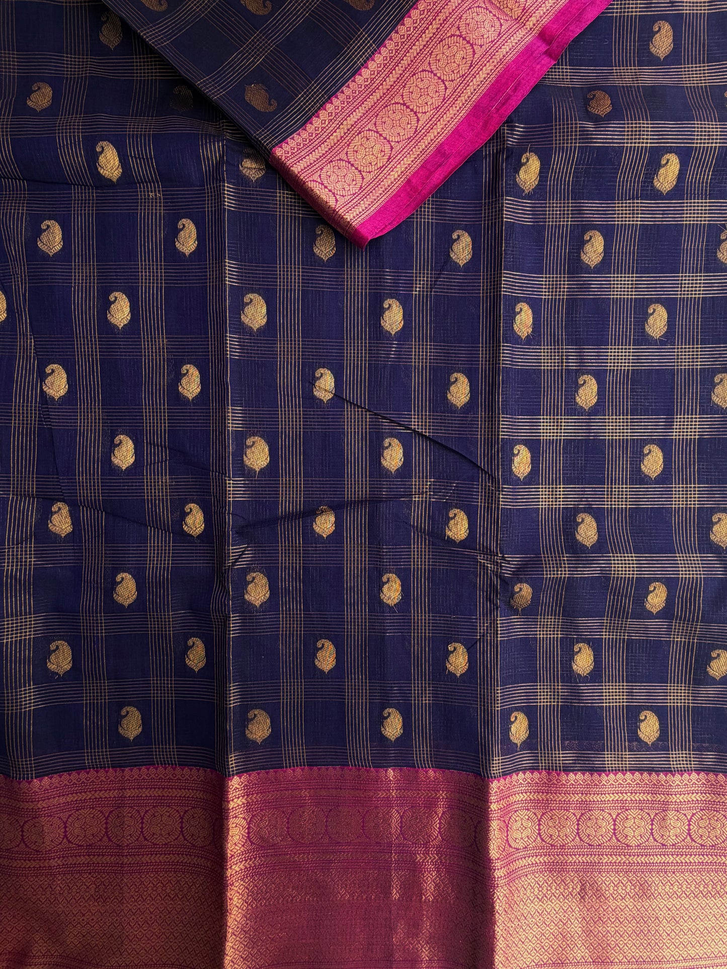 Kanchi cotton saree in checks & butta weaves & grand pallu
