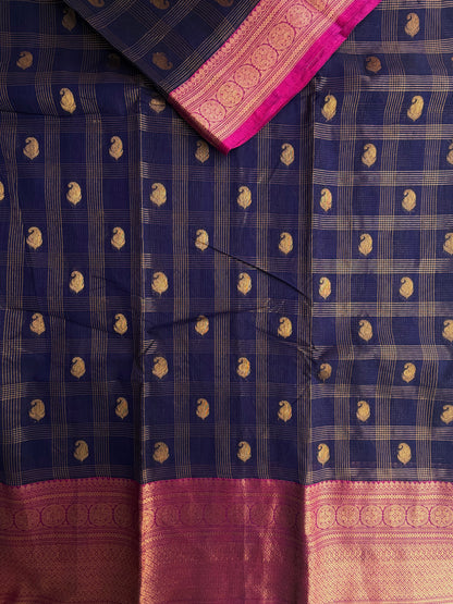 Kanchi cotton saree in checks & butta weaves & grand pallu