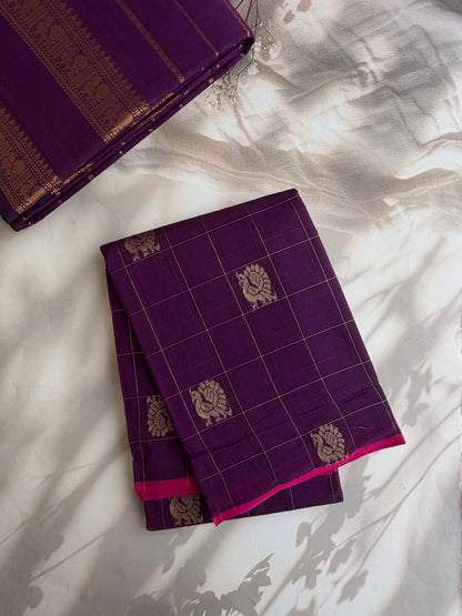 Kanchi cotton with zari weaves and grand pallu purple