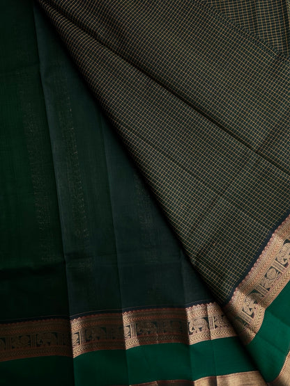 120 mercerised Kanchi cotton with checks on green base with grand pallu