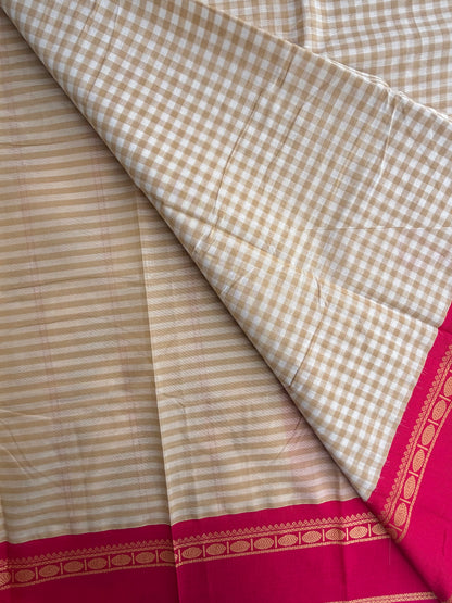 Kanchi cotton saree with kattam weaves beige & pink border