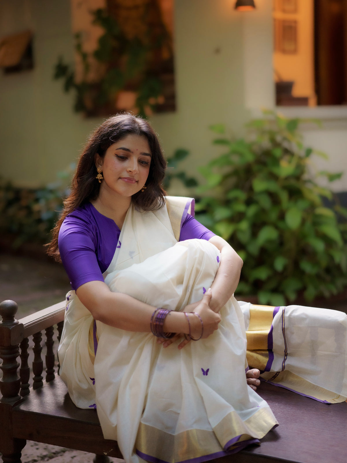 Kasavu saree in embroidery - Russian violet