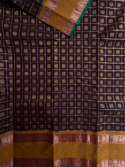 Kanchi cotton saree in 1000 buttas & zari check weaves with grand pallu brown