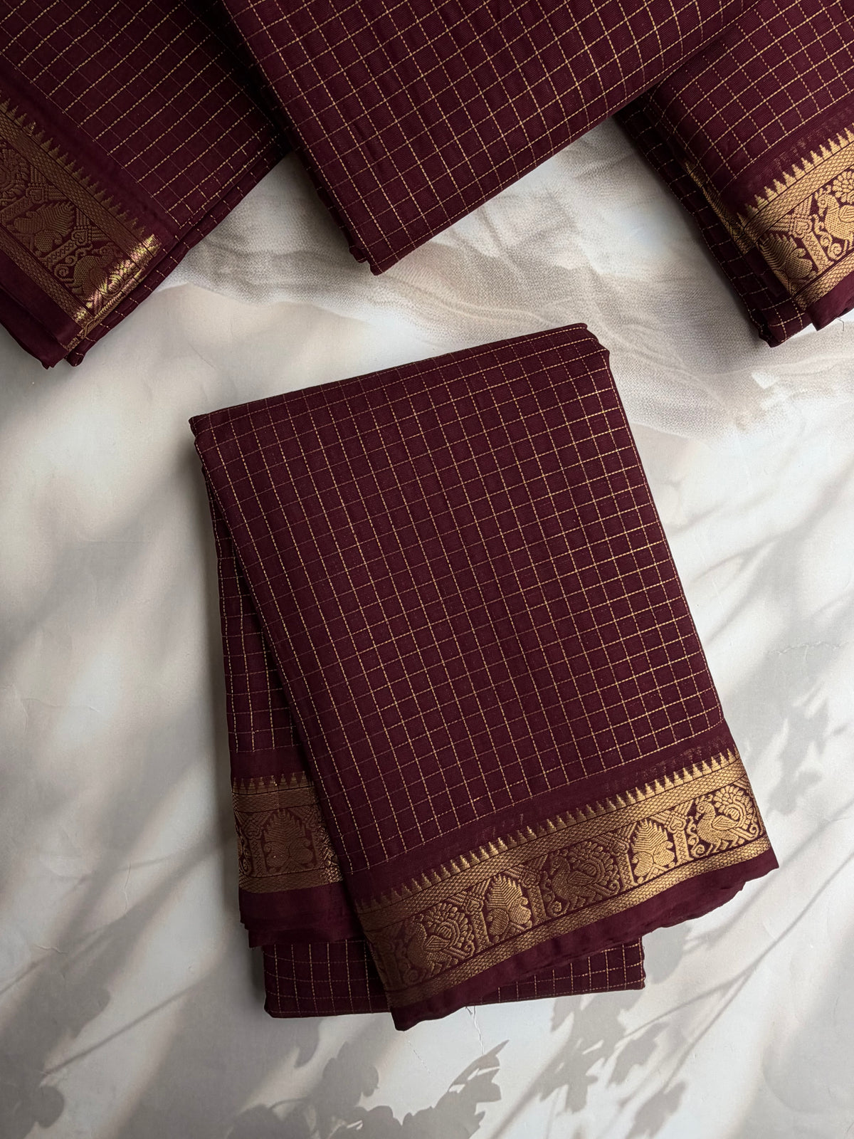 120 Mercerized Kanchi cotton saree with zari checks & grand pallu - coffee brown