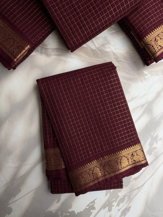 120 Mercerized Kanchi cotton saree with zari checks & grand pallu - coffee brown
