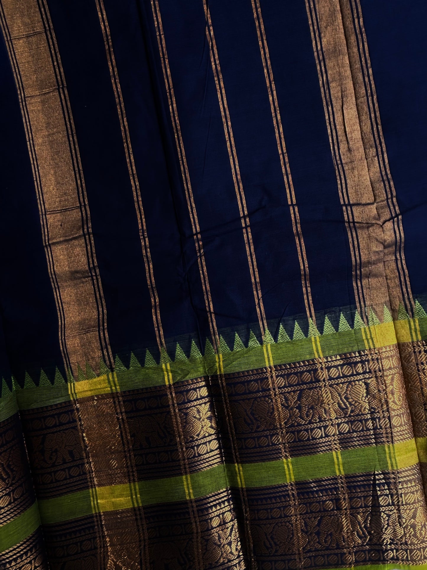 Kanchi cotton saree with rettapett border - blue with green border