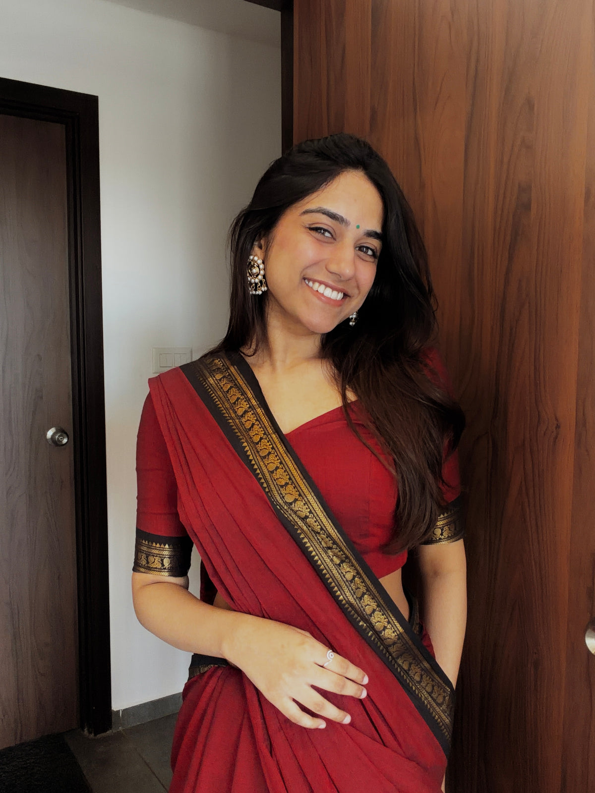 Kanchi cotton saree - maroon with black border
