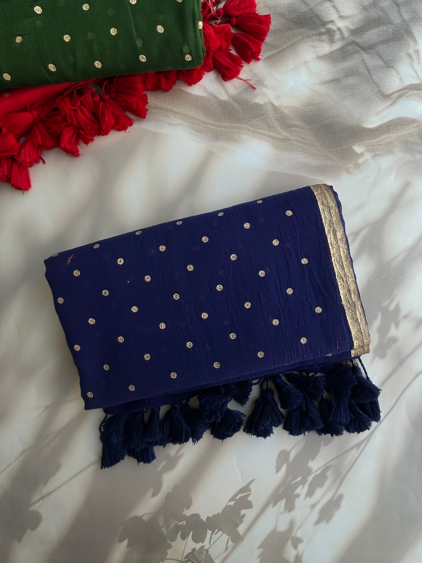 Blue Mul mul saree in golden polka dots