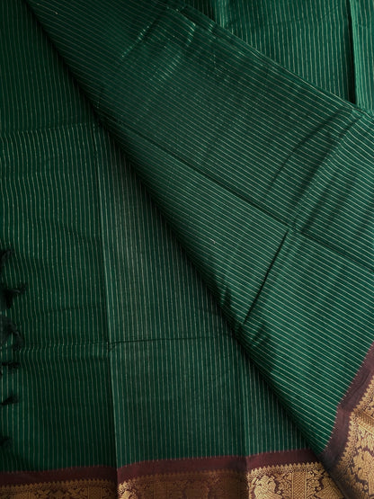 Kanchi cotton saree with zari stripes green