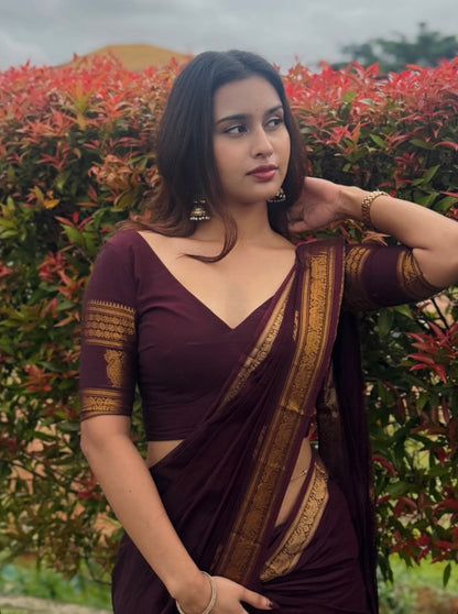 Kanchi cotton saree with zari border butta weaves
