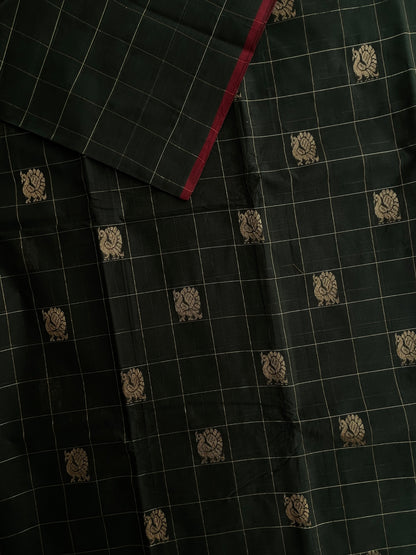 Kanchi cotton with zari weaves and grand pallu - dark green with maroon border