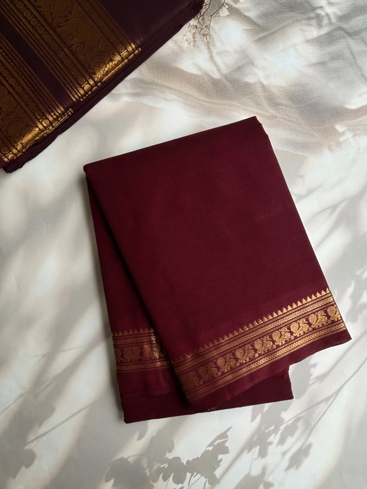 Kanchi cotton saree with minimal zari border - maroonish brown