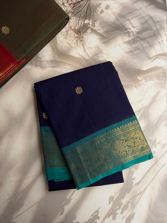 Kanchi cotton saree in butta weaves with grand pallu dark blue