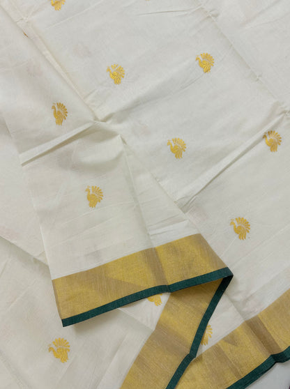 Kasavu saree in peacock print with green border