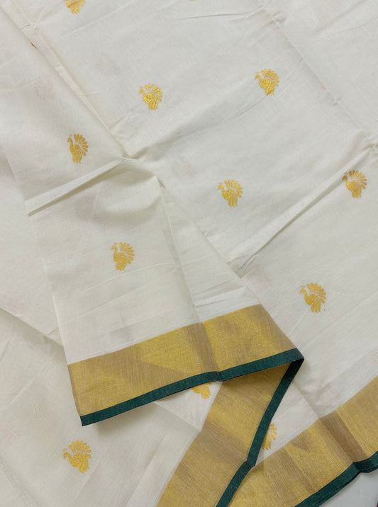 Kasavu saree in peacock print with green border