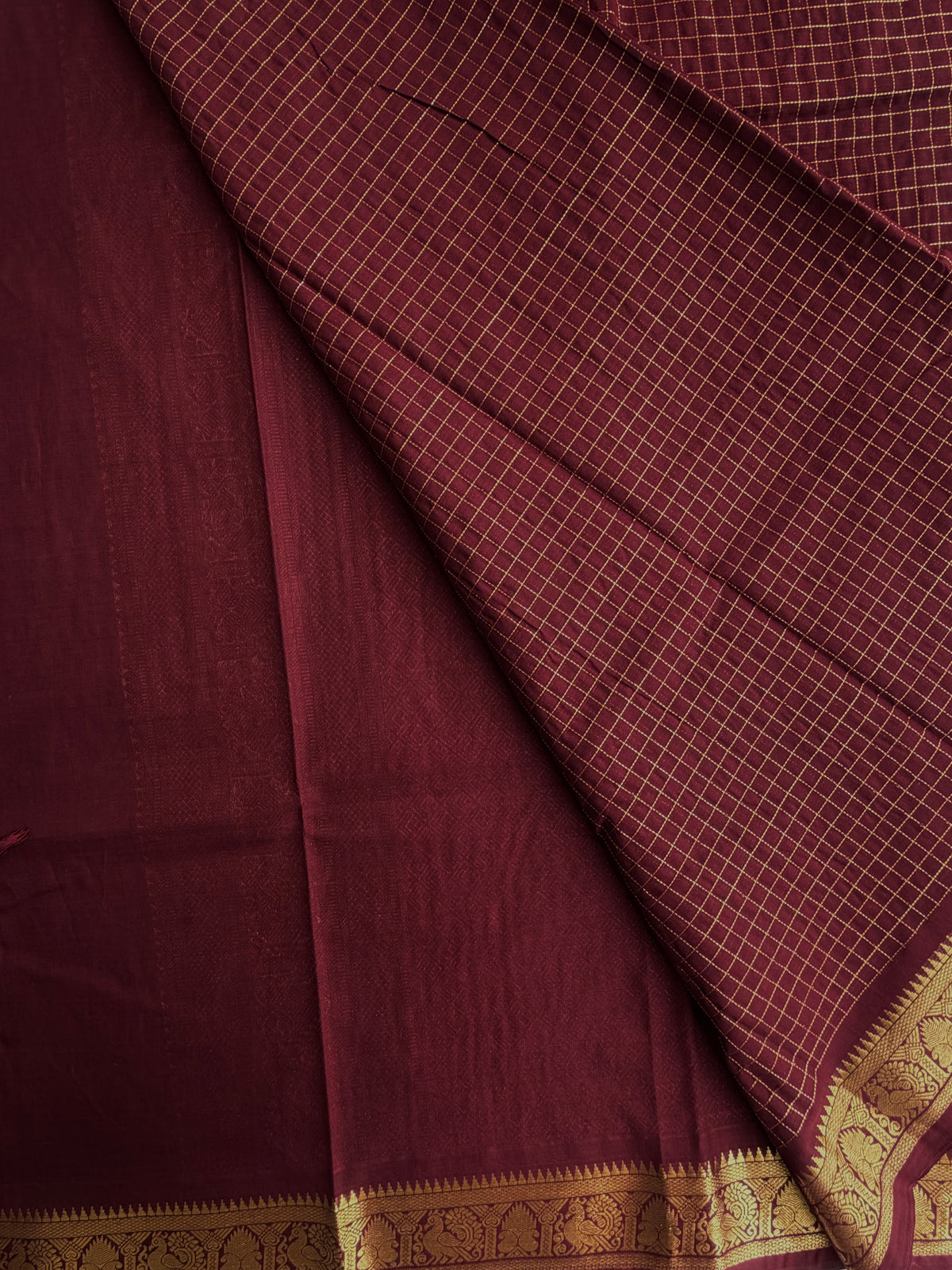 120 Mercerized Kanchi cotton saree with zari checks & grand pallu - coffee brown