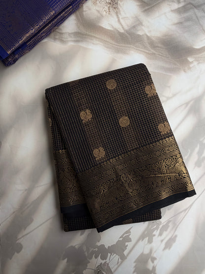 Kanchi cotton saree in mini kattam & butta weaves & grand pallu black